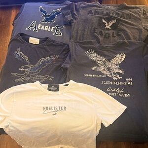 5 mens tshirts, size medium. Three shirts are American Eagle, one is Hollister.